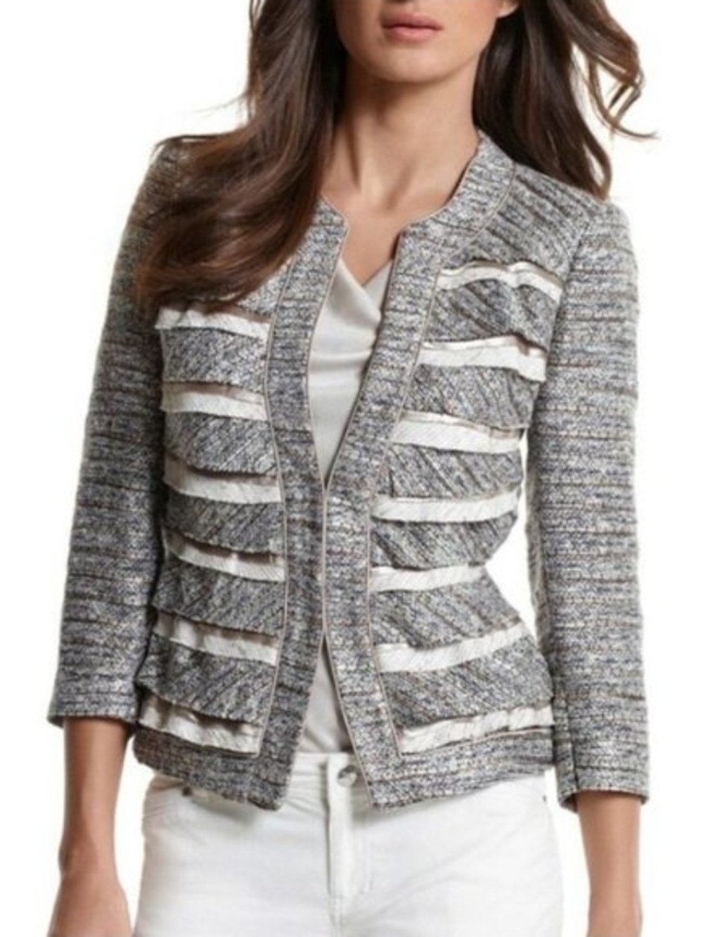 White House Black Market Gray Tweed Ribbon-Trim Blazer